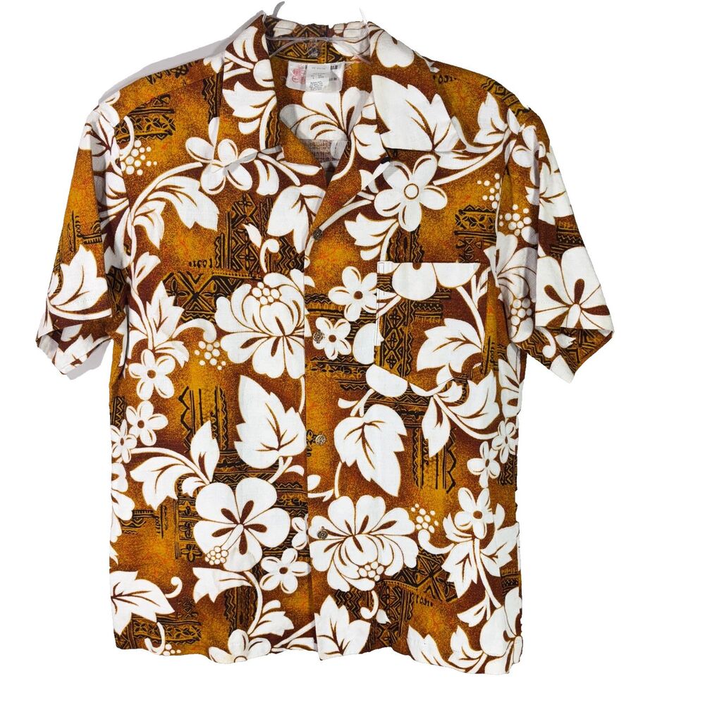 Royal Hawaiian L Shirt Vintage Tropical Barkcloth Brown USA Lucky Coin Buttons